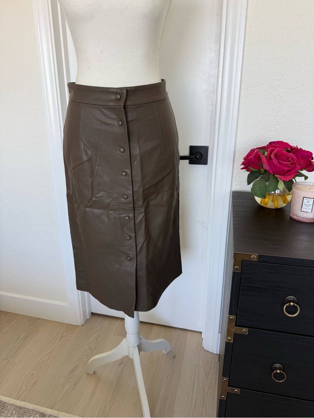 Caara Chocolate Brown Vegan Leather Button-Front Midi Skirt
